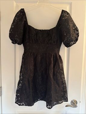 Lulu's Black Puff-Sleeve Floral Jacquard Mini Dress
